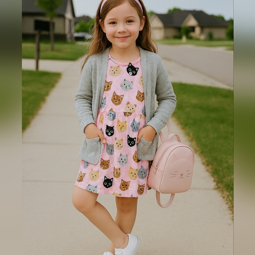 Adorable Pink Cat Print Kids Dress Size 10/12